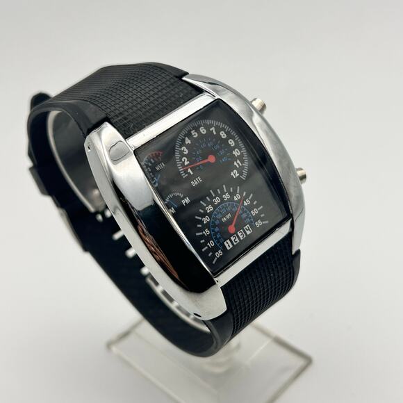 Men's Blue Binary LED Dot Matrix Date Black Rubber 43mm Fashion Sport Watch - Picture 2 of 8